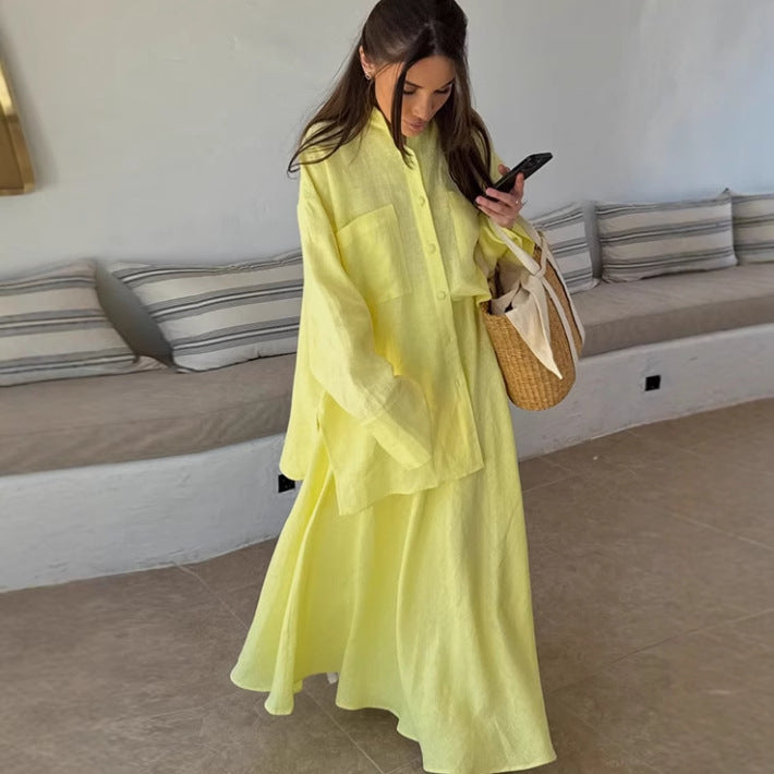Damen Maxikleid mit weitem Schnitt und lässigem Hemdkragen R&B