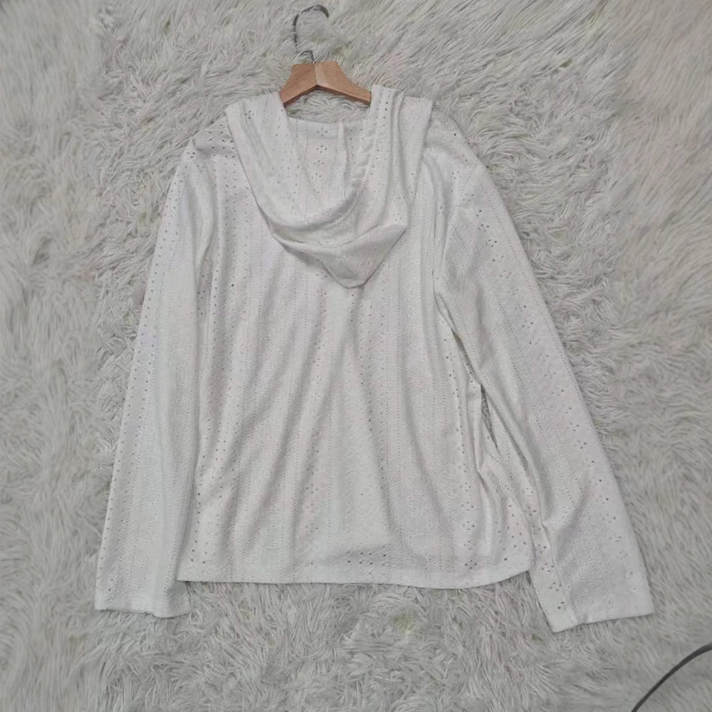 Damen lässiges Hoodie-Oberteil mit Knopfleiste und modernem Lochmuster R&B