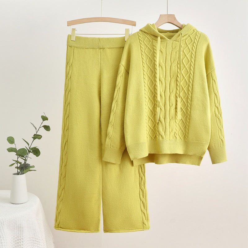 Damen lässiges Strick-Loungewear-Set mit Kapuze und breiten Beinen R&B