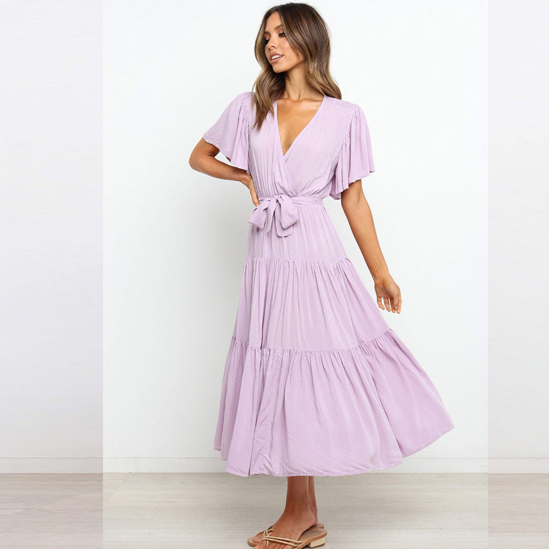 Damen Maxikleid mit tiefem V-Ausschnitt und schwingenden Ärmeln R&B