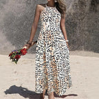 Damen Maxikleid im modernen Animal-Print mit tiefem V-Ausschnitt und fließendem Saum R&B