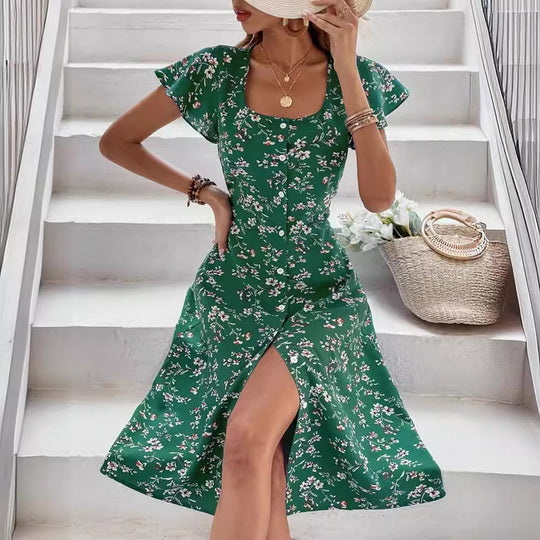 Damen Midi Kleid mit floralen Mustern und Knopfleiste R&B
