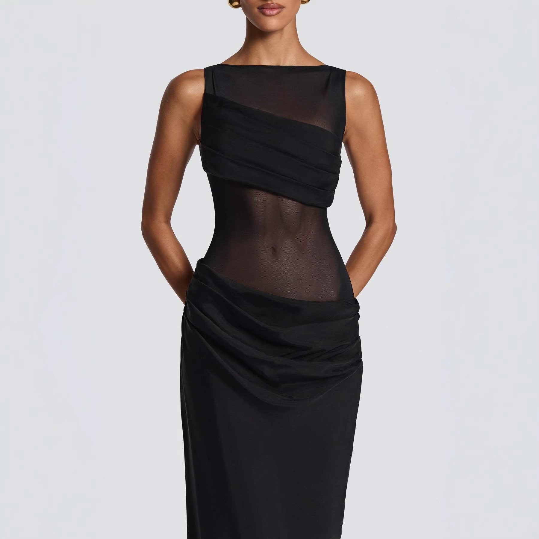Damen Elegantes Abendkleid mit transparentem Oberteil und raffinierten Rüschen EB