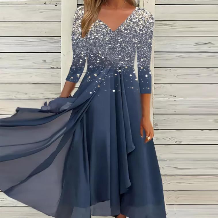 Damen Maxikleid mit funkelndem V-Ausschnitt und schwingendem Saum R&B