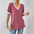 Damen V-Ausschnitt T-Shirt mit modischen Akzenten und bequemen Schnitt R&B