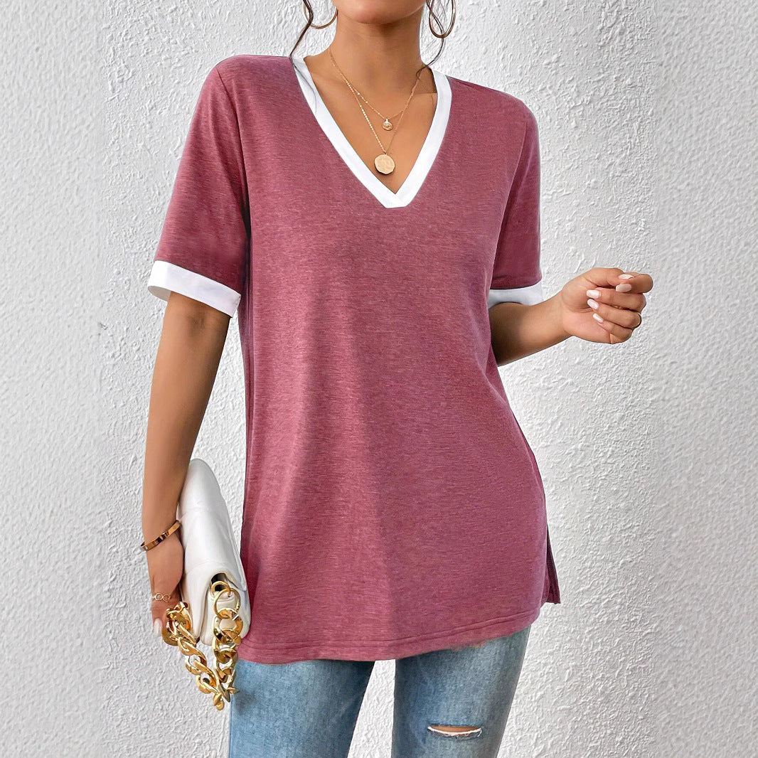 Damen V-Ausschnitt T-Shirt mit modischen Akzenten und bequemen Schnitt R&B