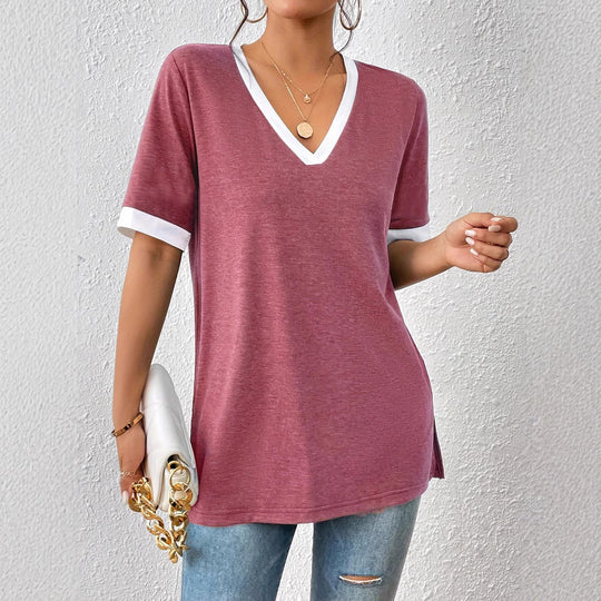 Damen V-Ausschnitt T-Shirt mit modischen Akzenten und bequemen Schnitt R&B