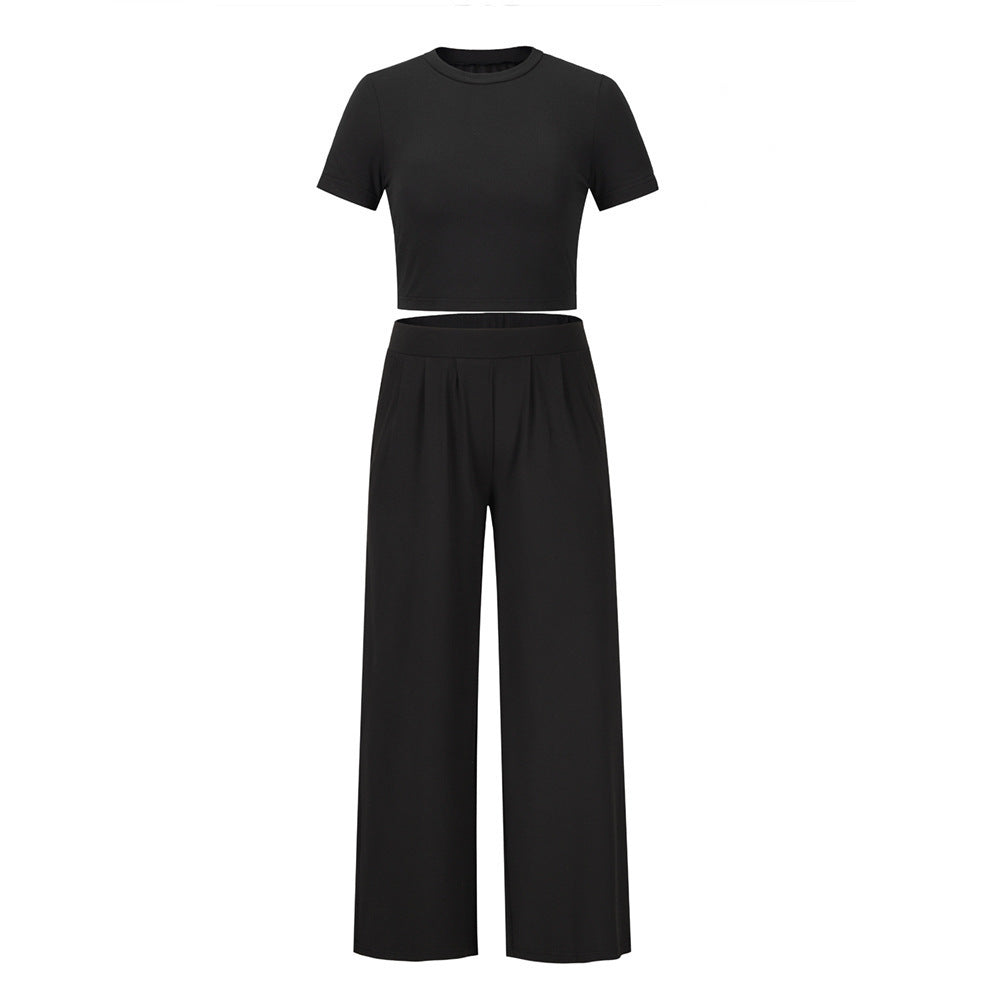 Damen lässiges Cropped T-Shirt und weite Palazzo-Hose Set R&B