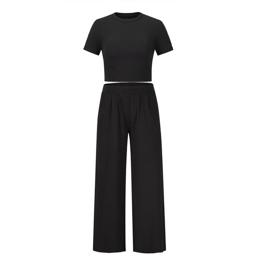 Damen lässiges Cropped T-Shirt und weite Palazzo-Hose Set R&B