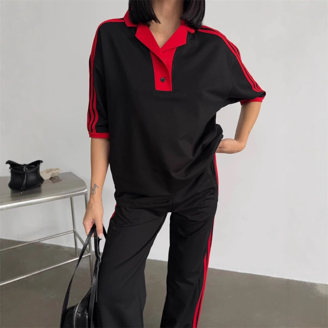 Damen sportliches Polo-Set mit kurzen Ärmeln und seitlichen Streifen R&B