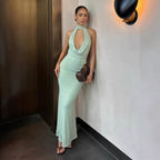 Damen elegantes Maxikleid mit tiefem V-Ausschnitt und schimmerndem Oberteil R&B