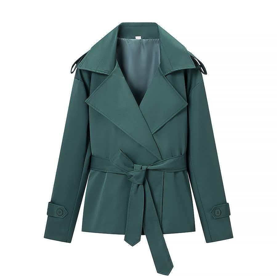 Damen nan kurzer taillierter Trenchcoat mit Bindegürtel, großem Revers und Manschettenriegel R&B