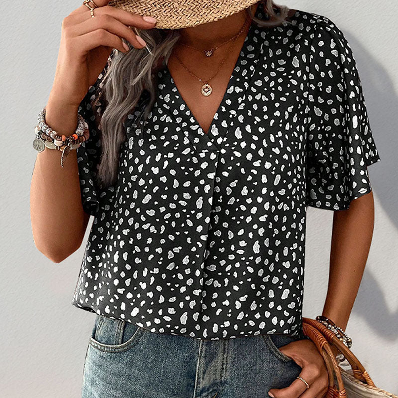 Damen V-Ausschnitt T-Shirt mit Leopardenmuster und fließendem Schnitt R&B