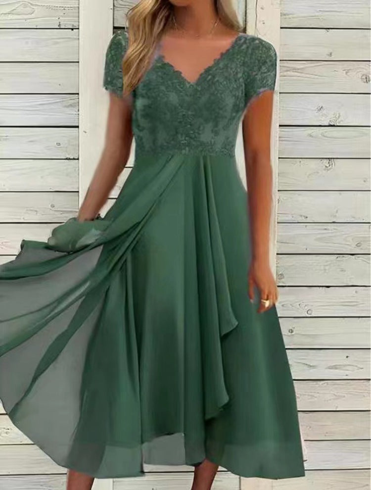 Damen Maxikleid mit elegantem Spitzeneinsatz und fließendem Rock Heidi-Mode