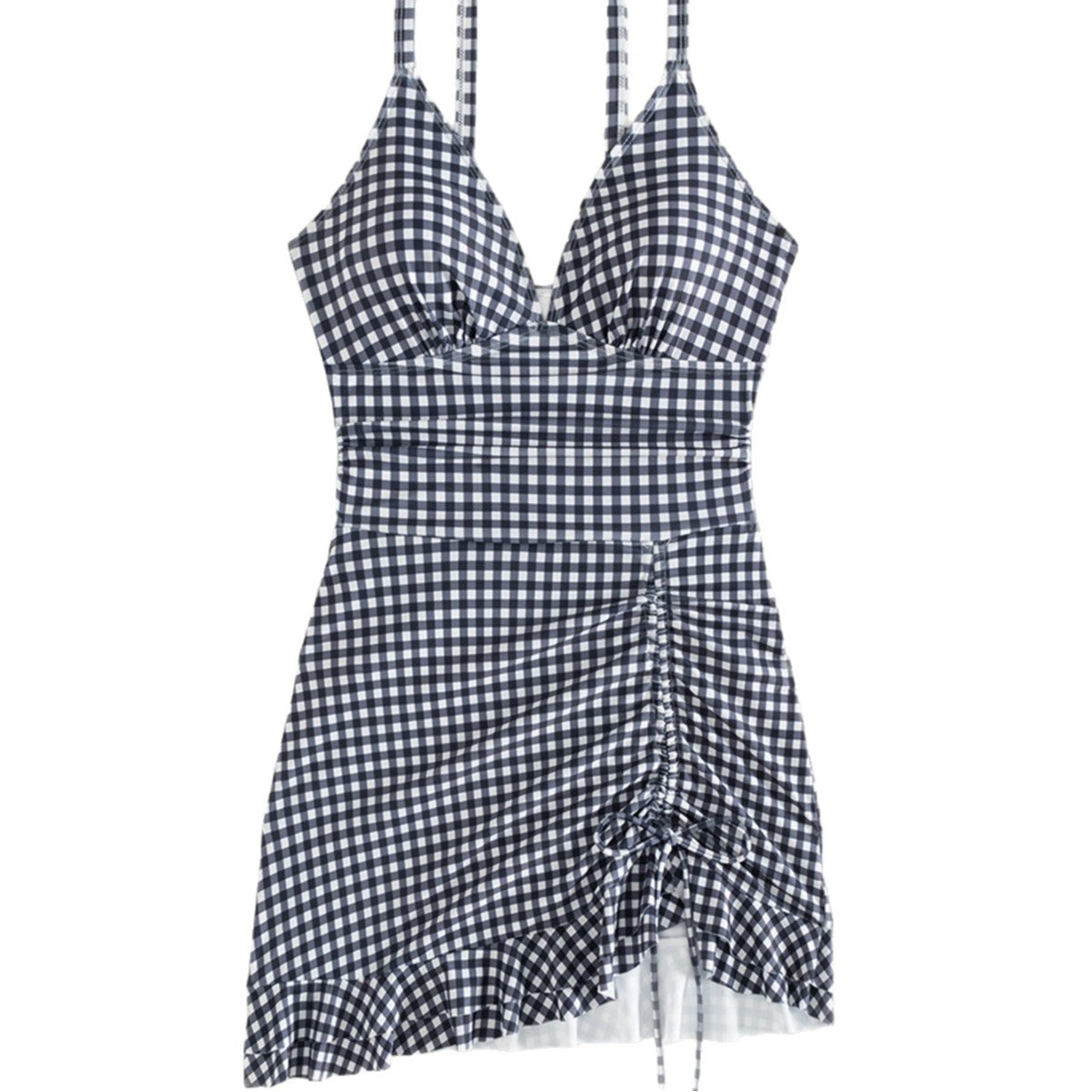 Damen Strandkleid mit modischen Raffungselementen und femininem V-Ausschnitt R&B