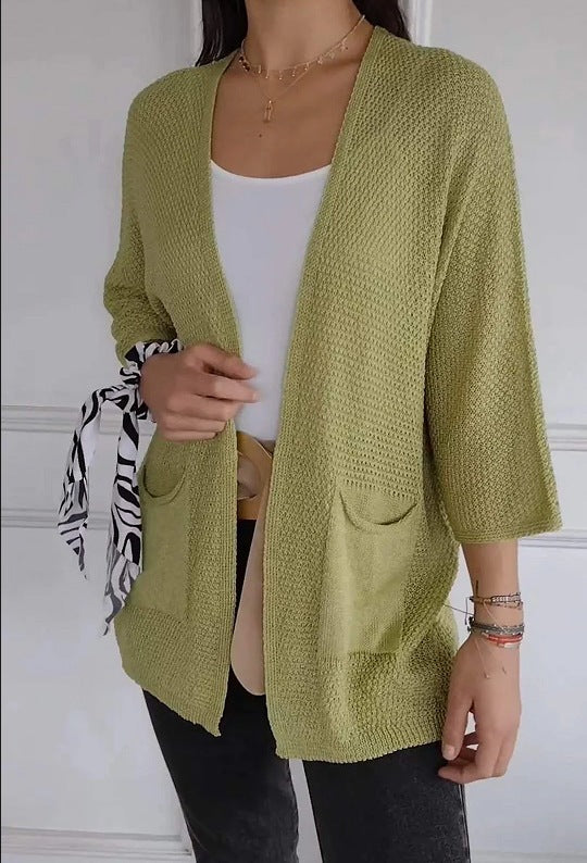 Damen lässige Strickjacke mit offener Vorderseite und praktischen Taschen R&B