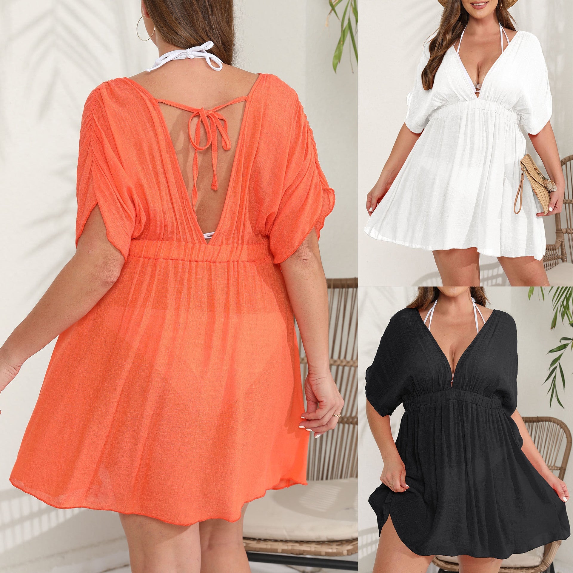 Damen eleganter Strandkaftan mit tiefem V-Ausschnitt und weit geschnittenen Ärmeln R&B