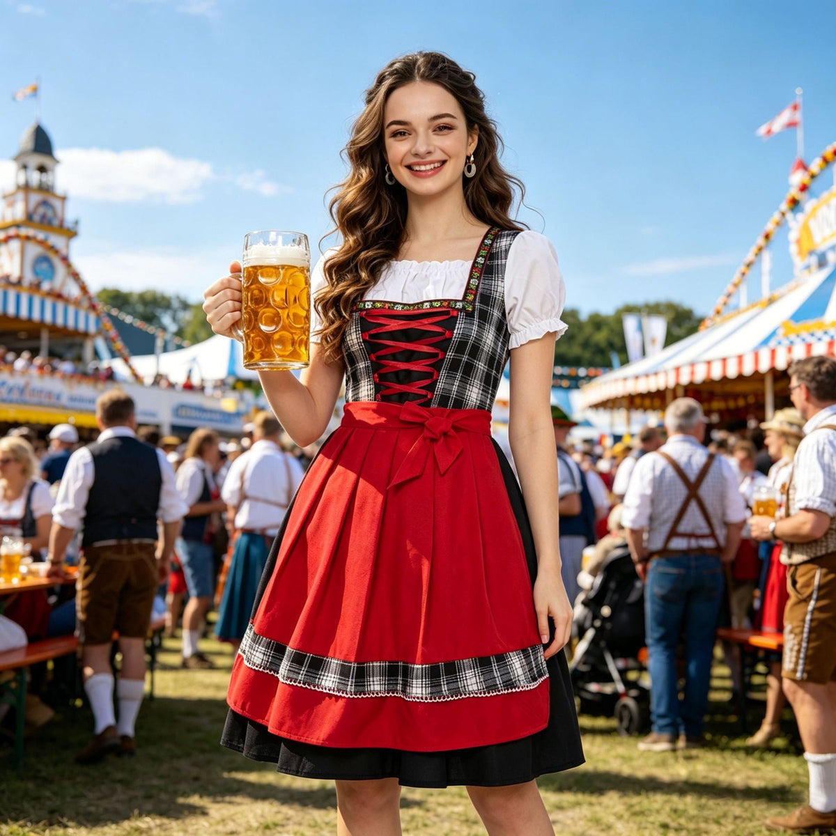 Damen nan traditionelles Trachten-Dirndl mit Schnürleiste, A-Linie Rock und Schleifen-Schürze R&B