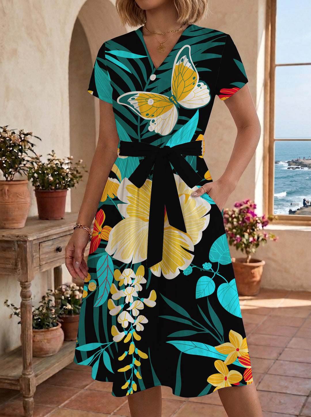 Damen Midikleid mit floralem Motiv und Taillengürtel R&B
