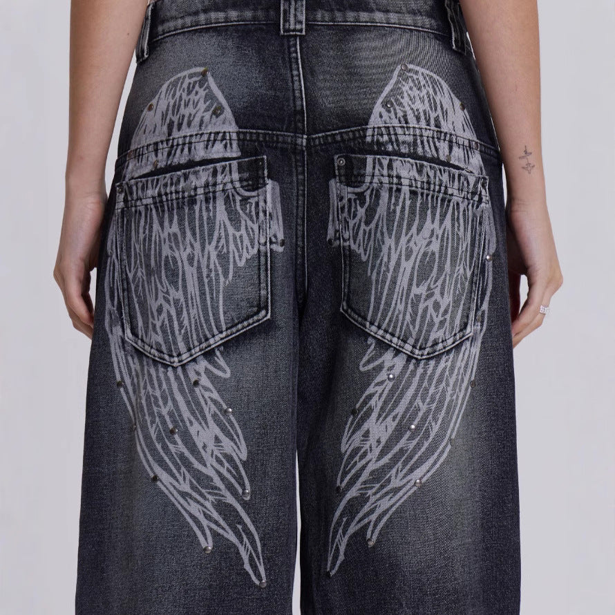 Damen weite Jeans mit kunstvollem Flügel-Design und einzigartigen Details R&B