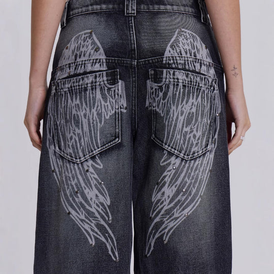 Damen weite Jeans mit kunstvollem Flügel-Design und einzigartigen Details R&B
