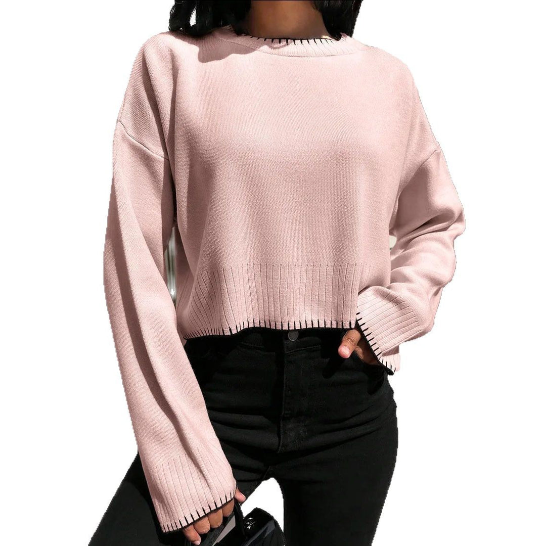 Damen lässiger Cropped Pullover mit feiner Rippstruktur und elastischem Bund R&B
