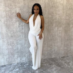 Damen Eleganter Deep-V Jumpsuit mit geschwungenem Rücken und weit geschnittenen Beinen R&B