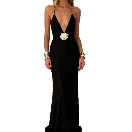 Damen Elegantes Langärmliges Kleid mit tiefem V-Ausschnitt und Blumenapplikation R&B