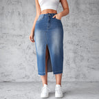 Damen Denim-Midirock mit hohem Schlitz und fransigem Saum R&B