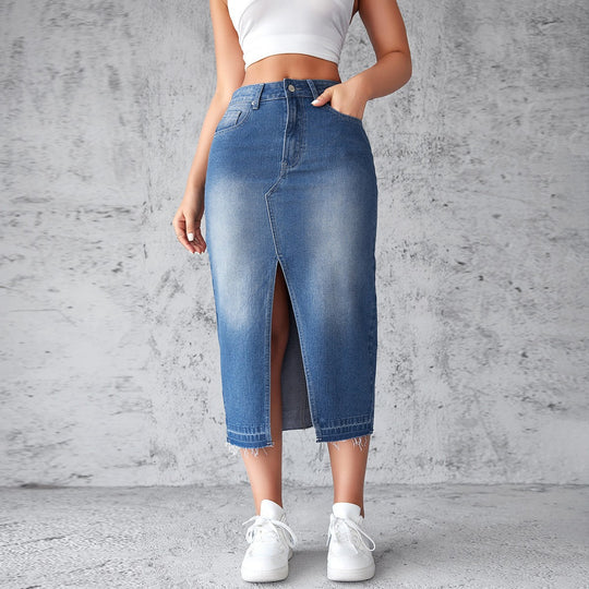 Damen Denim-Midirock mit hohem Schlitz und fransigem Saum R&B