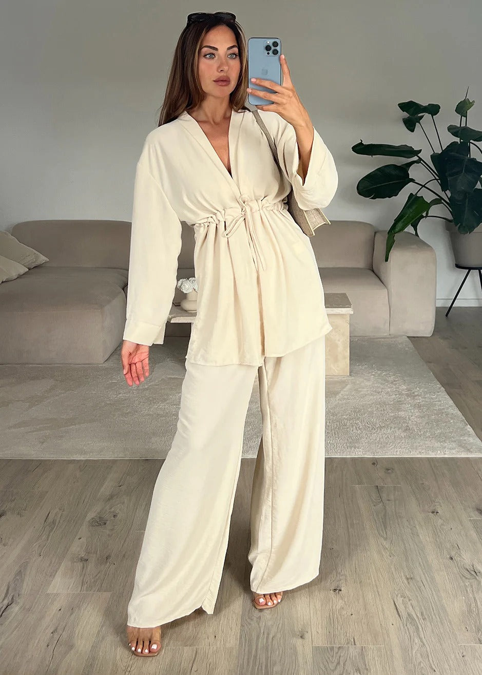 Damen Kimono-Style Lounge-Hose mit Wickeloberteil R&B