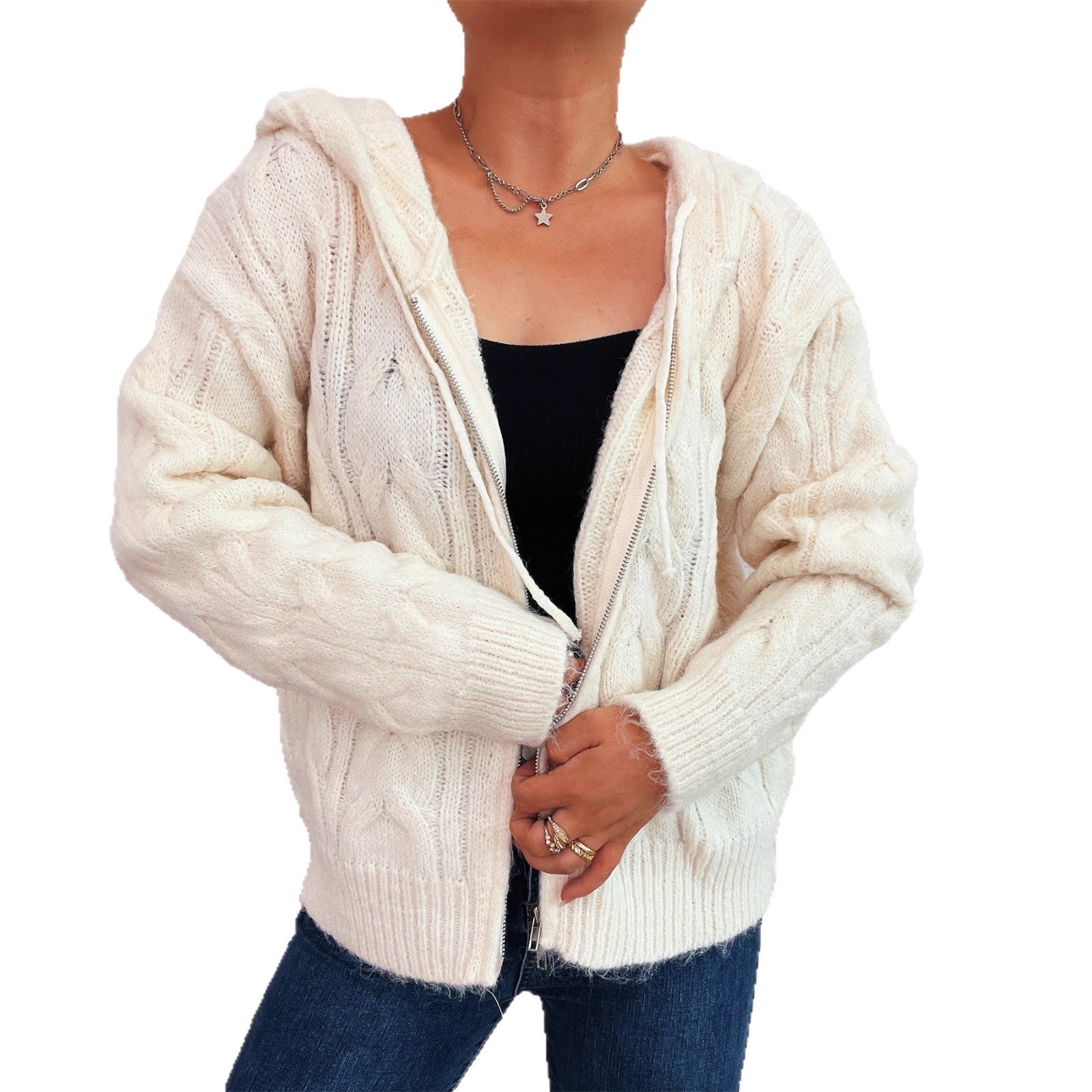 Damen kuschelige Grobstrickjacke mit Kapuze und Reißverschluss R&B