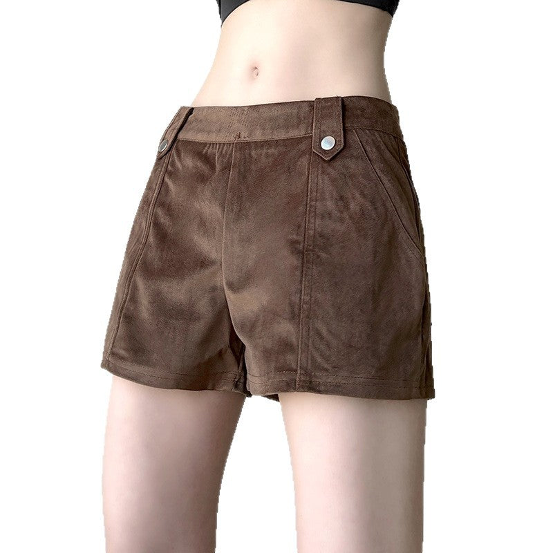 Damen Kunstleder Shorts mit dekorativem Knopf und figurbetontem Schnitt R&B