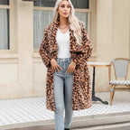 Damen Langärmeliger Leopardenmuster Plüschmantel R&B