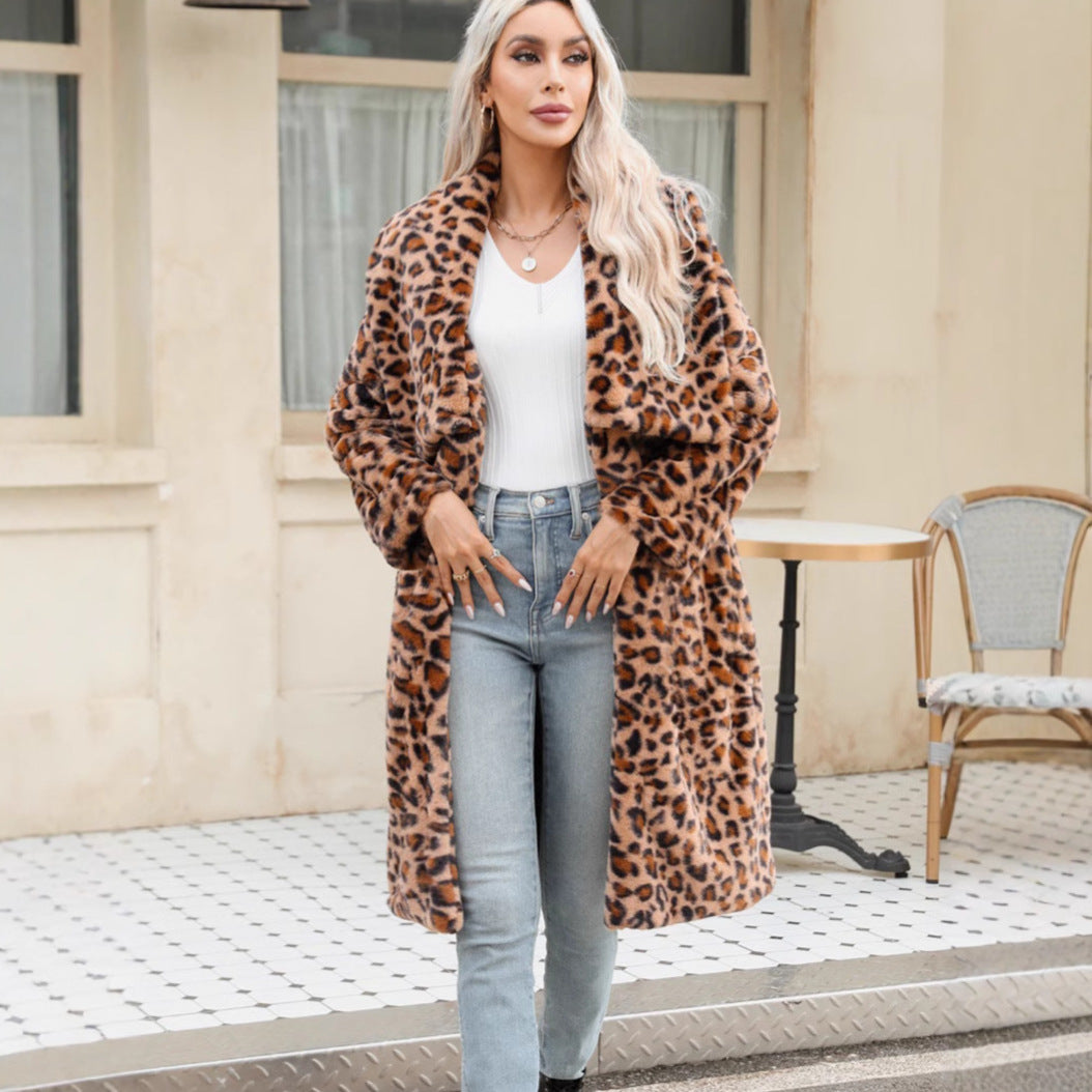 Damen Langärmeliger Leopardenmuster Plüschmantel R&B