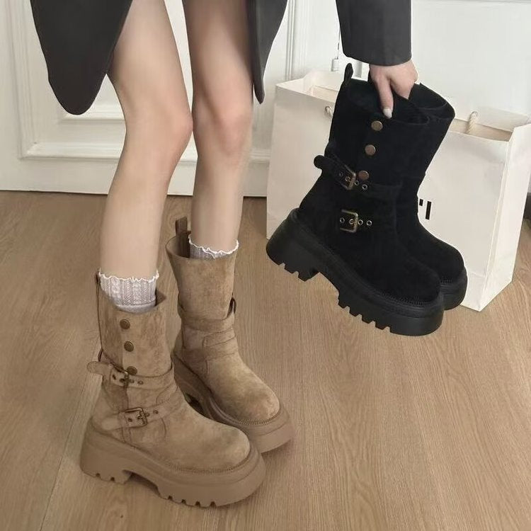 Damen Bequeme und modische Chunky Stiefeletten mit Schnalle und Profilsohle R&B