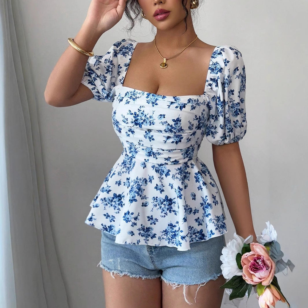 Damen Raffiniertes Oberteil mit Puffärmeln und floralem Design R&B