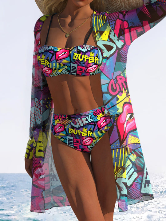 Damen Bikini-Set mit floralem Design und transparenter Strandjacke R&B