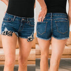 Damen Denim-Shorts mit Leoparden-Detail und modischem Destroyed-Effekt R&B