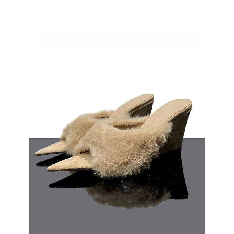 Damen elegante offene Mules mit flauschigem Besatz R&B