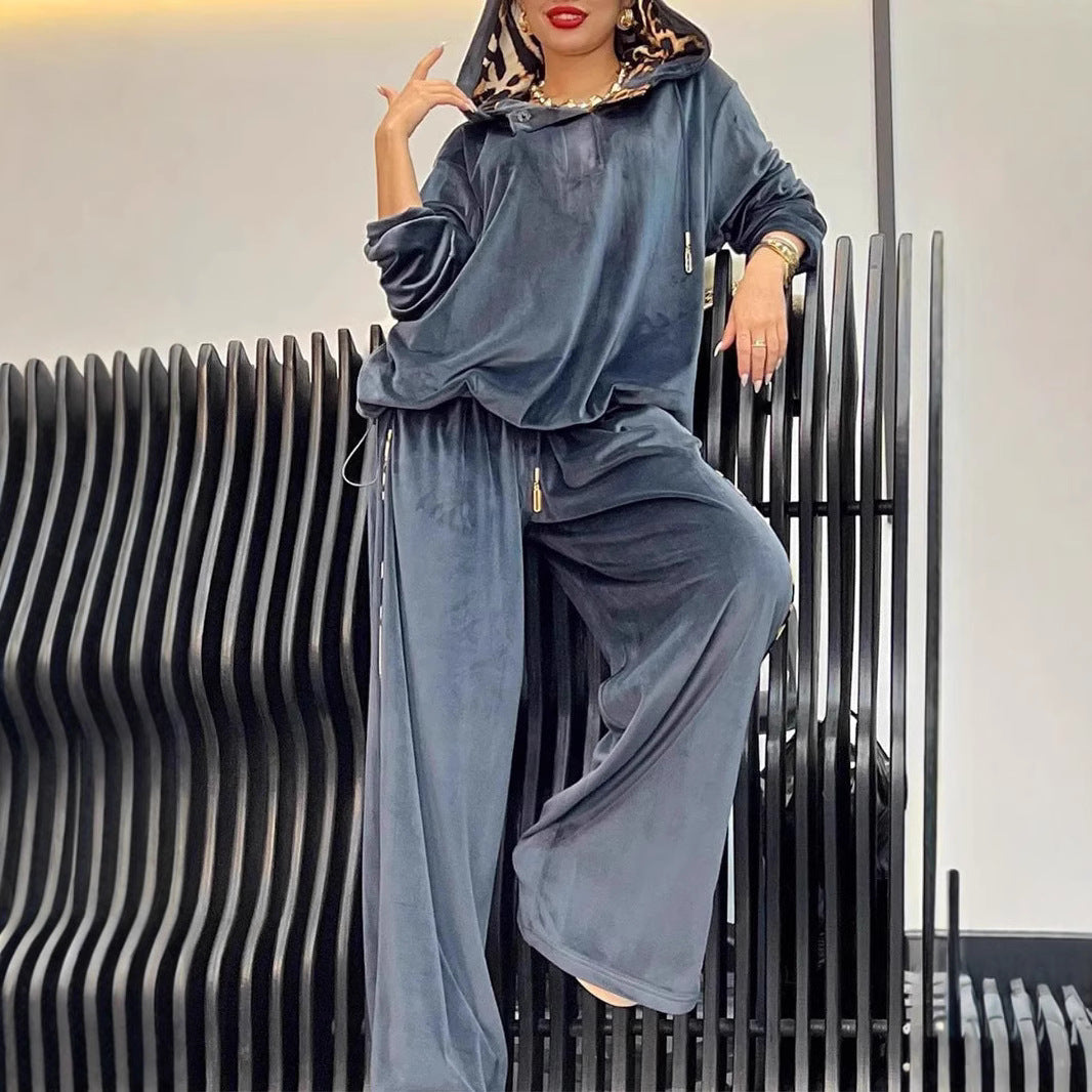 Damen Sportliches Loungewear-Set aus weichem Velours mit Kapuze R&B