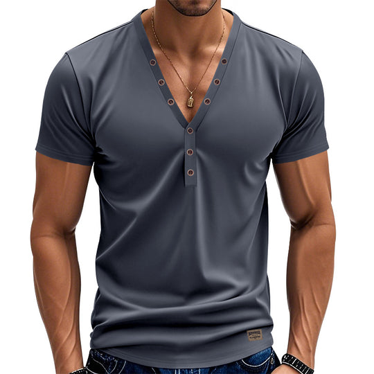 Herren nan tailliertes Kurzarm-Henleyshirt aus Baumwoll-Elasthan mit tiefem V-Ausschnitt und dekorativer Knopfleiste R&B