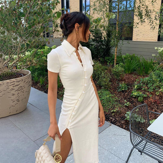 Damen figurbetontes Maxikleid mit Knopfleiste und Beinschlitz R&B