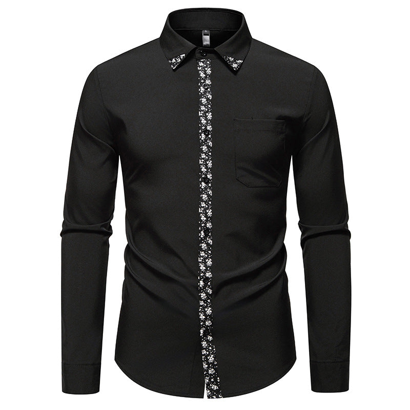 Herren elegantes Langarmhemd mit floralem Kragen und Brusttasche R&B