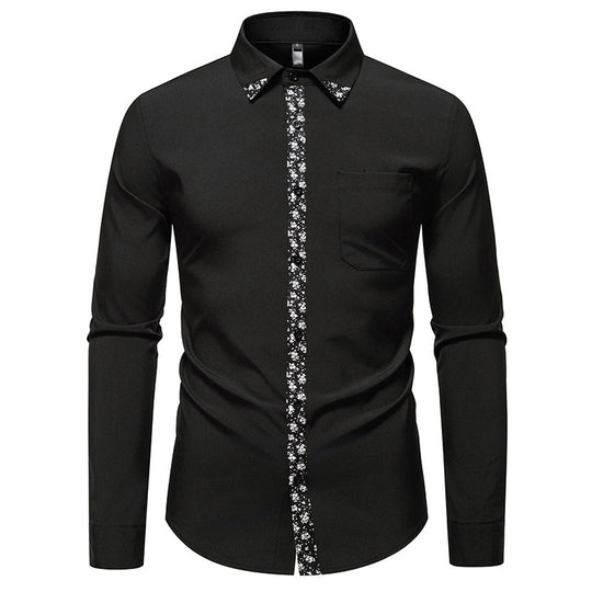 Herren elegantes Langarmhemd mit floralem Kragen und Brusttasche R&B