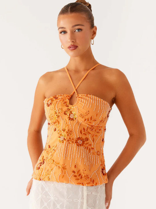 Damen Glitzerndes Bustier-Oberteil mit floralem Design und funkelnden Applikationen R&B