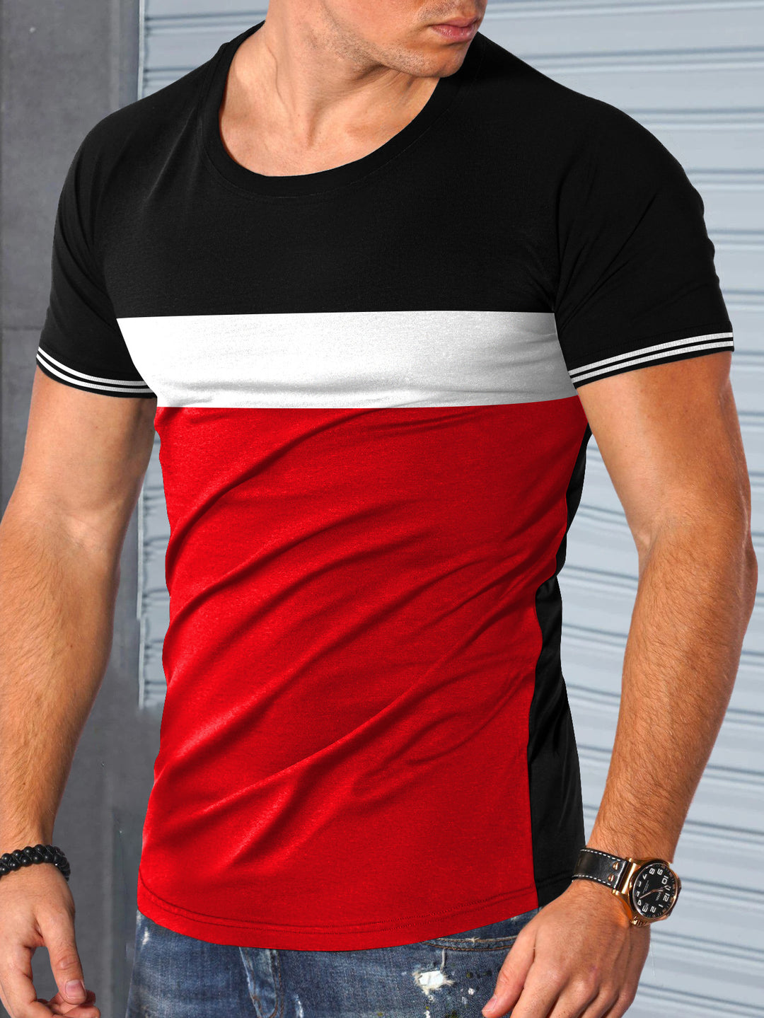 Herren modernes Kurzarm-T-Shirt mit strukturiertem Design und Kontrastdetails R&B