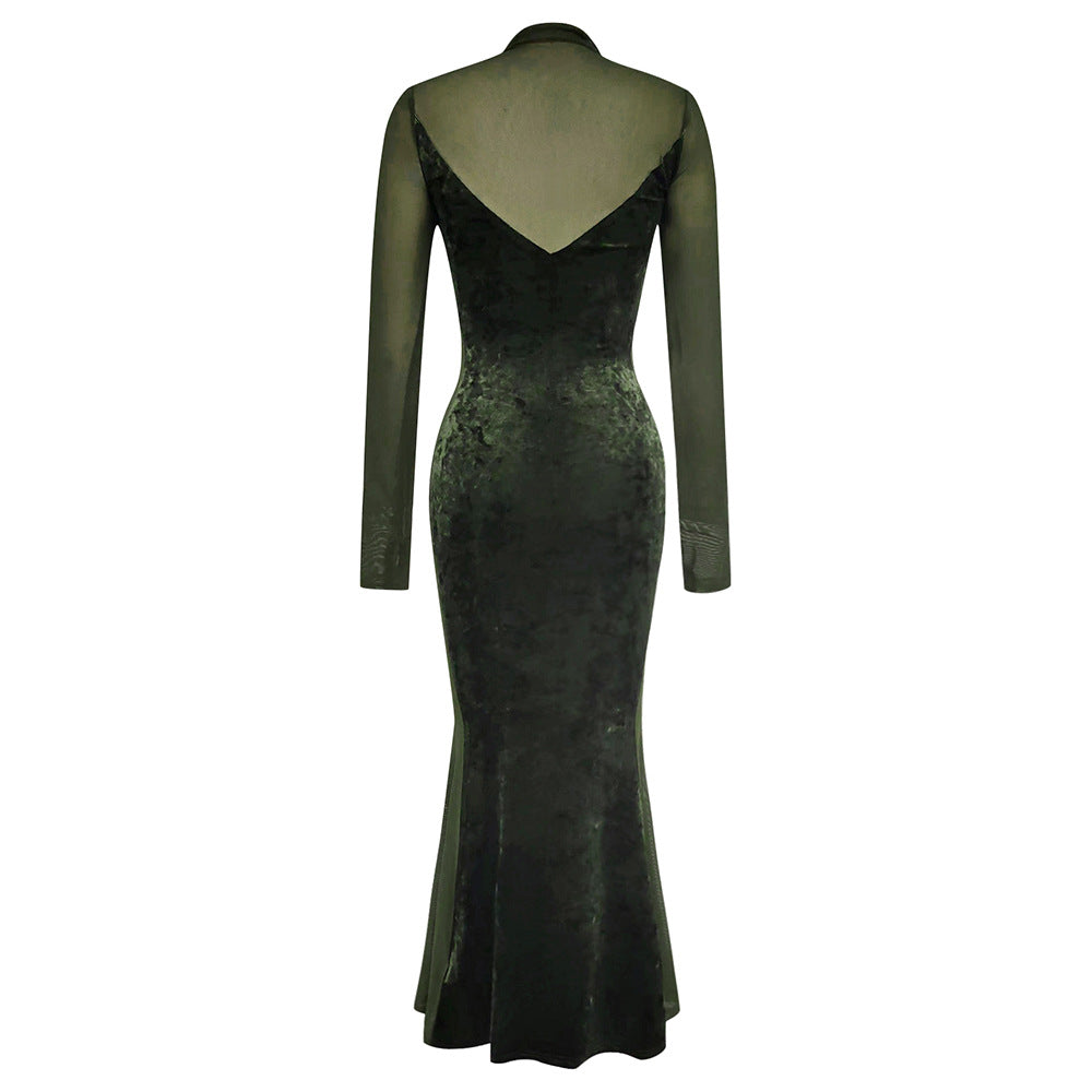 Damen Elegantes Samt-Maxi-Kleid mit transparenten Ärmeln und schickem V-Ausschnitt R&B