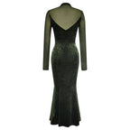 Damen Elegantes Samt-Maxi-Kleid mit transparenten Ärmeln und schickem V-Ausschnitt R&B