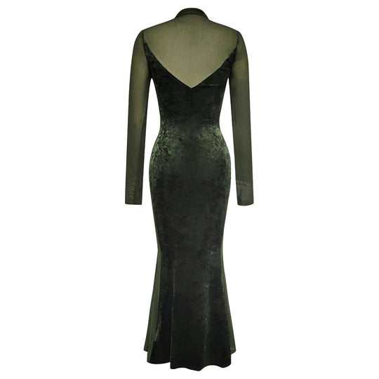 Damen Elegantes Samt-Maxi-Kleid mit transparenten Ärmeln und schickem V-Ausschnitt R&B